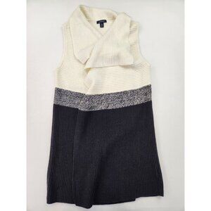 Lands End Women Open Cardigan Long Sleeveless Sweater Ivory Black M 10-12